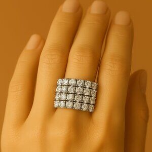 Silver Stretch Ring with Clear Rhinestones – Glamorous Wide Band Bling Jewelry